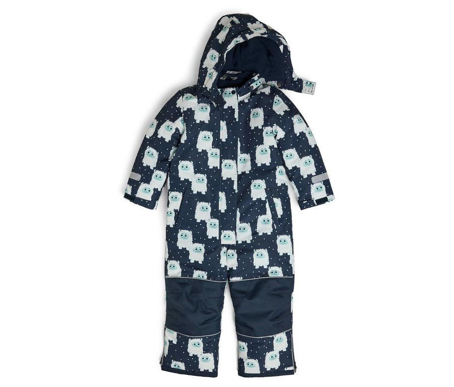 Marineblauer Kinder-Overall mit Kapuze, bedeckt mit weißen Cartoon-Figuren.