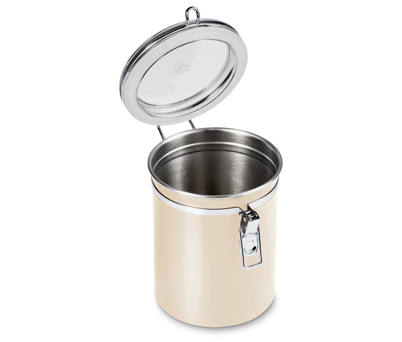 Geöffnete, Friendly beige Aromadose mit silbernem Deckel und Verschluss.