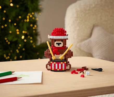 Ein steinchenartiger Bär mit roter Mütze und Schal spielt mit Stöcken auf einer Trommel auf einem Tisch.