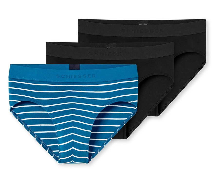 Drei SCHIESSER Rio-Slips, einer blau-weiß gestreift, zwei schwarz.