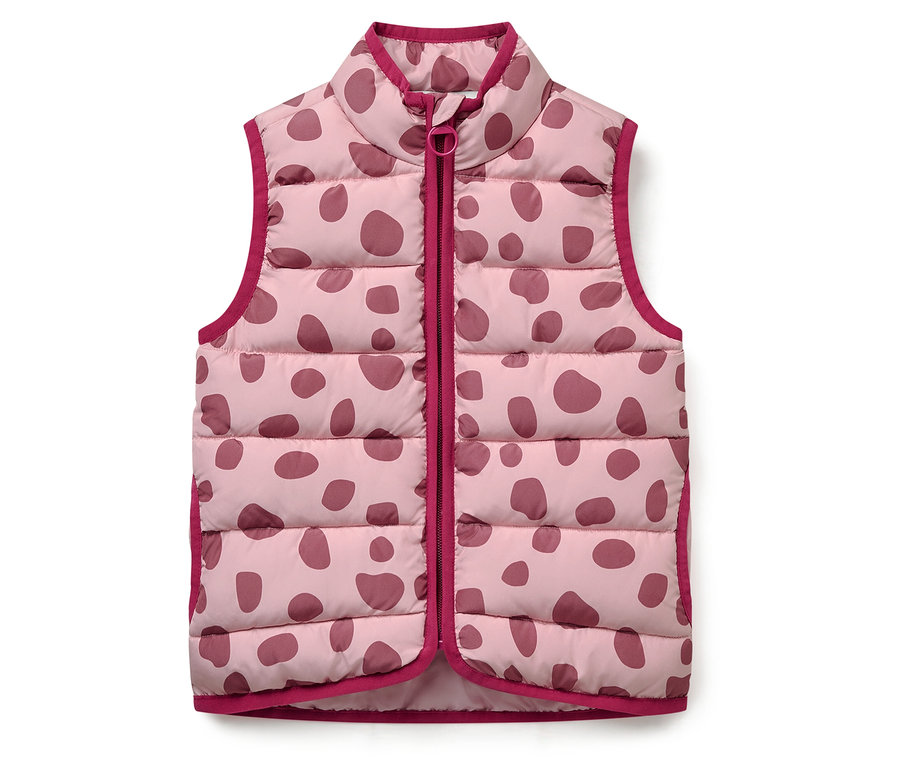 Rosa Steppweste mit burgunderroten Punkten und burgunderrotem Saum.