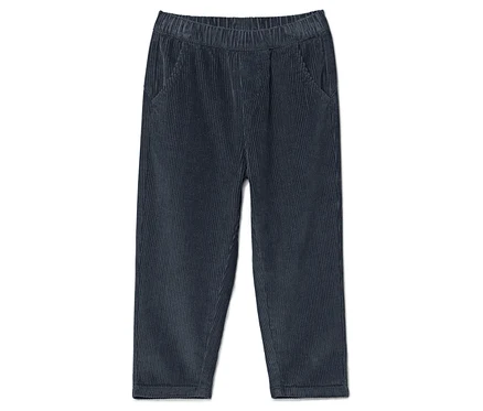 Blaue Cordhose mit elastischem Bund.