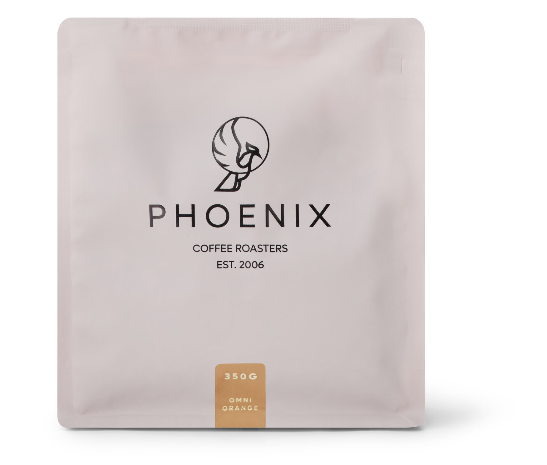 Eine weiße Packung Phoenix - Orange Omni-Roast - 350 g Ganze Bohne.