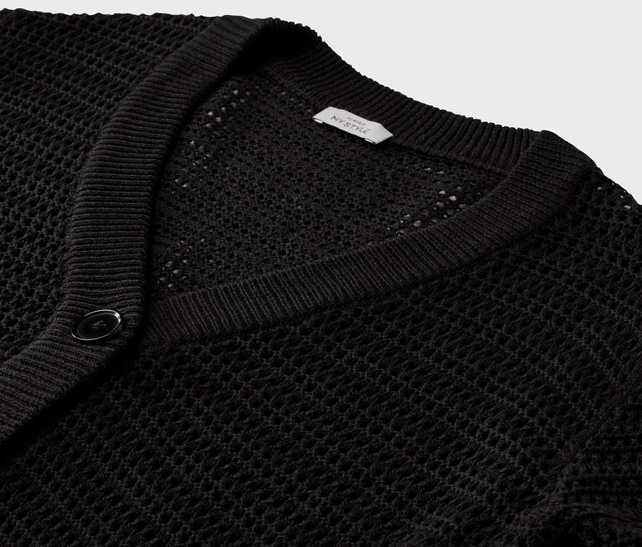 Detailaufnahme eines schwarzen Cardigans in Pointellestrick.