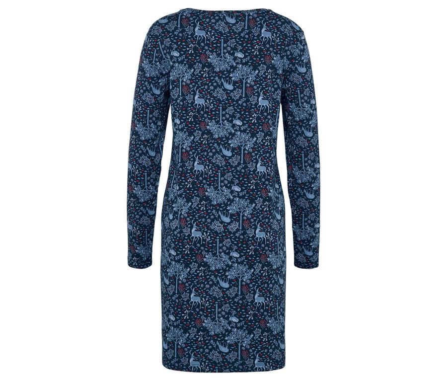 Blaues, langärmliges Kleid mit Baum- und Reh-Muster.