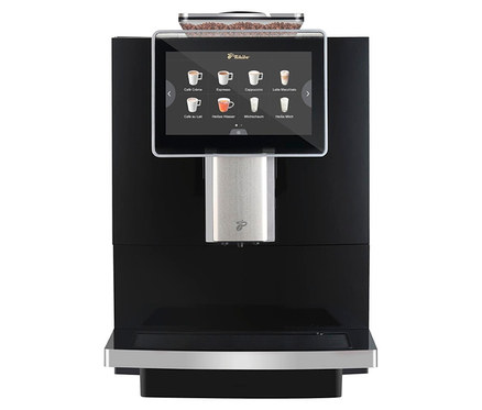 Ein schwarzer Kaffeevollautomat mit Touchscreen und Bohnenbehälter.