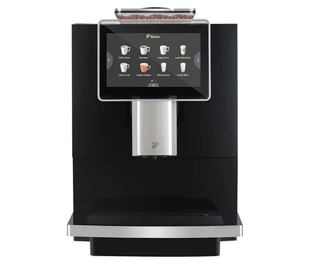 Ein schwarzer Kaffeevollautomat mit Touchscreen und Bohnenbehälter.