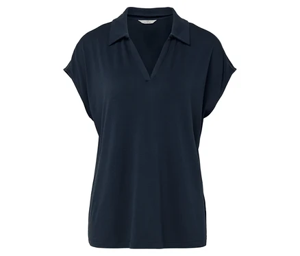 Dunkelblaues Damen Poloshirt mit kurzen Ärmeln und V-Ausschnitt.