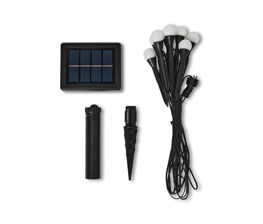 Solar-Bodenlichterkette mit Panel, Erdspieß und Kabel.