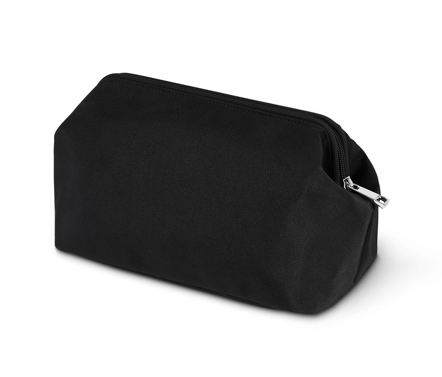 Eine schwarze Kulturtasche mit silbernem Reißverschluss.