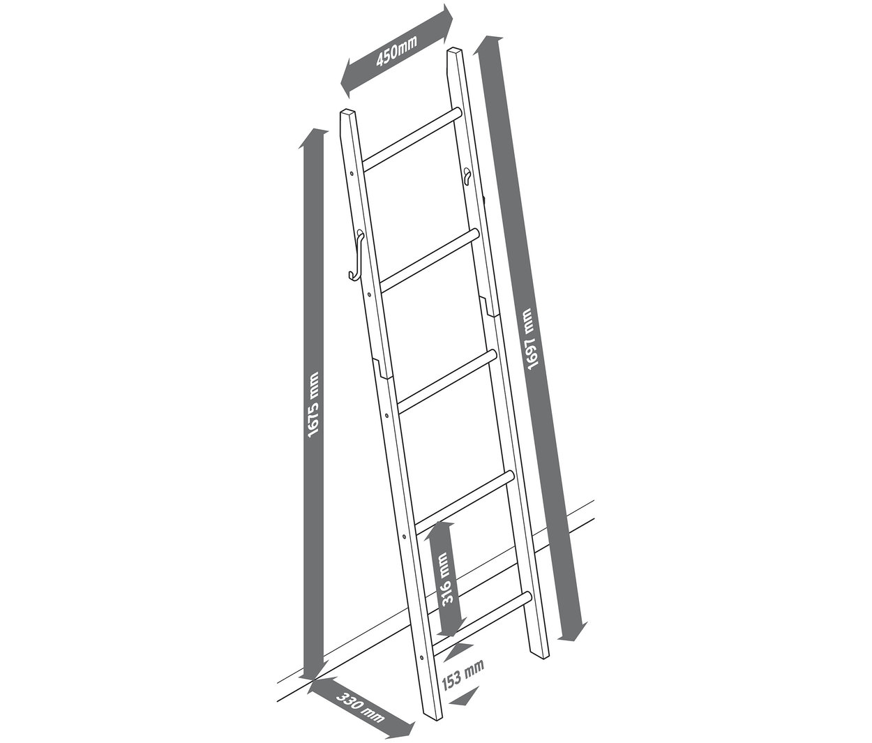 Eine Skizze einer Kleiderleiter aus Eiche mit Maßangaben.