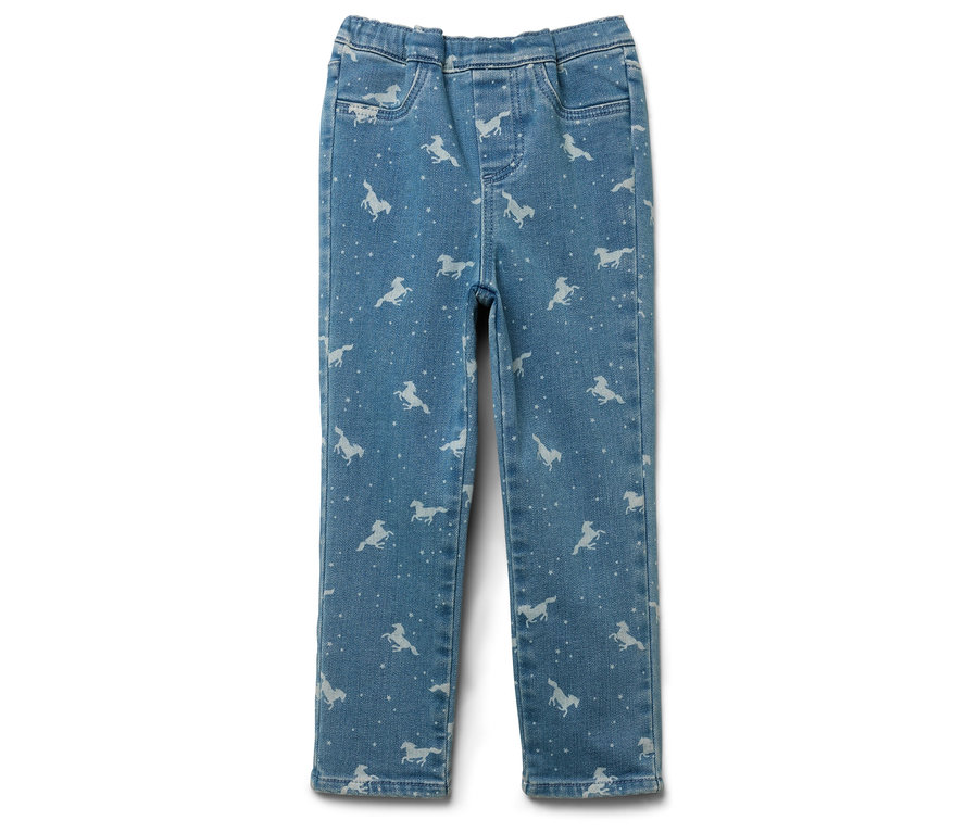 Blaue Jeans mit weißem Pferde-Aufdruck.