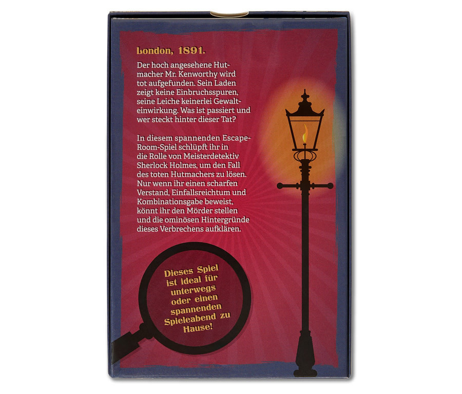 Eine Brettspiel-Box mit dem Text "London, 1891" und einer Illustration einer Strassenlaterne.