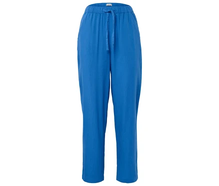 Blaue Hose mit Kordelzug.
