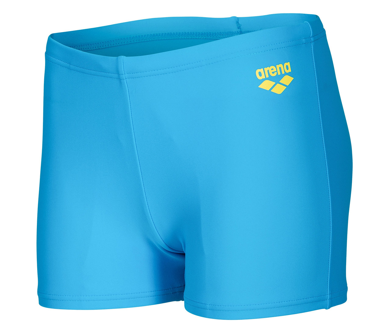 Hellblaue Badehose mit gelbem Arena-Logo.