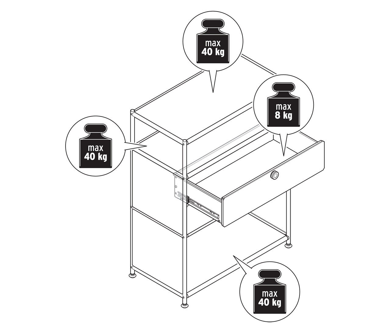 Draufsicht auf eine Kommode Metall »CN3« mit 2 Schubladen, eine Schublade ist geöffnet.