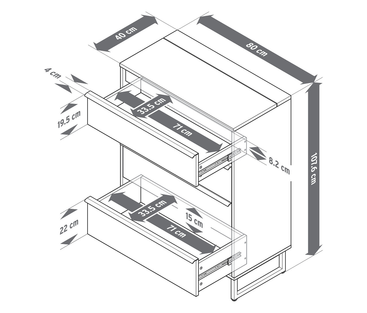 Eine schematische Darstellung einer Kommode »LEEG« mit vier Schubladen und Spiegel, wobei die Maße der einzelnen Teile angegeben sind.