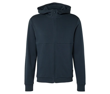 Dunkelblaue Kapuzenjacke mit durchgehendem Reißverschluss.