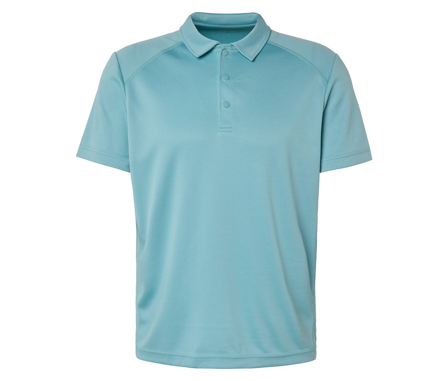 Hellblaues Poloshirt mit drei Knöpfen.
