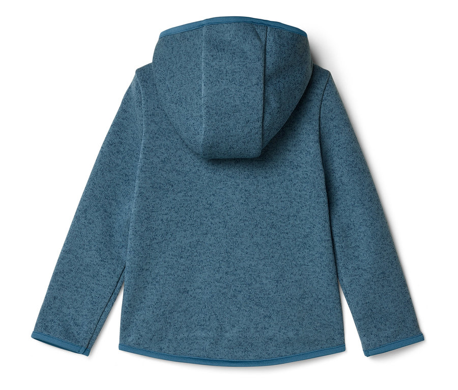 Rückansicht einer blauen Kapuzenjacke mit langen Ärmeln und hellblauem Saum.