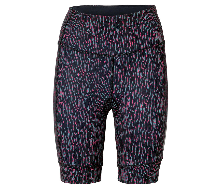 Nahaufnahme von gemusterten, knielangen Leggings mit dunklem Bund.