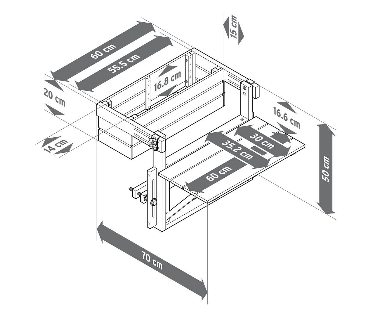 Detaillierte technische Zeichnung eines Wandtisches mit verschiedenen Maßangaben in Zentimetern.