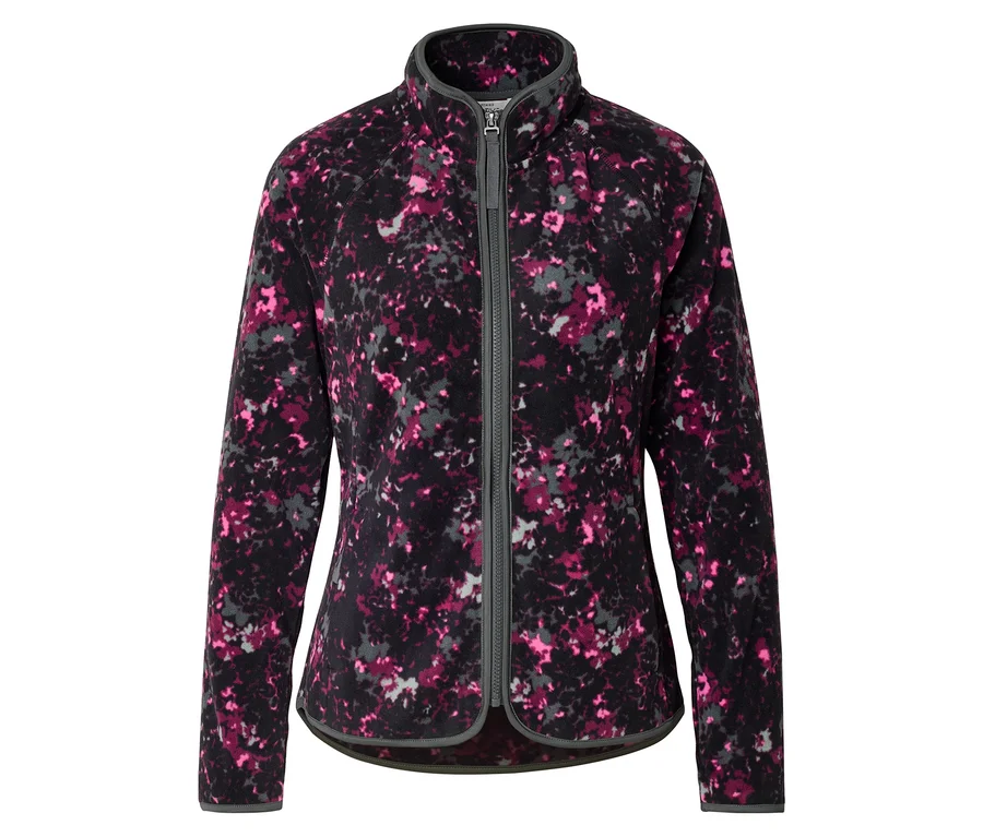 Eine Fleecejacke mit durchgehendem Reißverschluss und einem Muster aus Rosa, Grau und Schwarz.