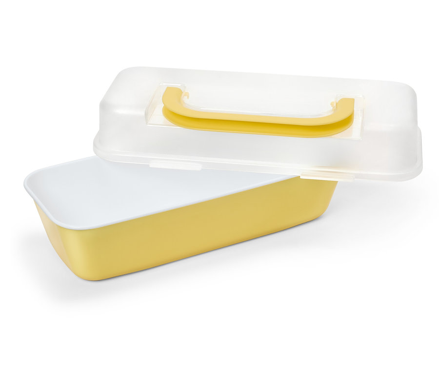 Gelbe Brotdose mit teilweise geöffnetem, transparentem Deckel und gelbem Griff.