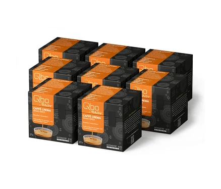 Acht dunkelgraue und orangefarbene Schachteln Qbo Caffè MINAS VERDE Kaffeekapseln, insgesamt 216 Kapseln, jede Schachtel zeigt 27 Kapseln und Intensität 8/10.