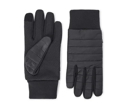 Ein Paar schwarze Handschuhe. Der linke Handschuh zeigt eine gepunktete Grifffläche und einen gesteppten Daumen. Der rechte Handschuh zeigt einen gesteppten Handrücken. Beide haben gerippte Bündchen.