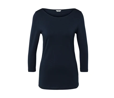 Marineblaues Langarmshirt mit Rundhalsausschnitt auf weißem Hintergrund.