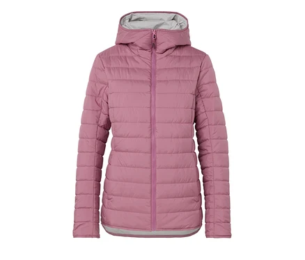 Rosa Steppjacke mit Kapuze und grauem Futter.