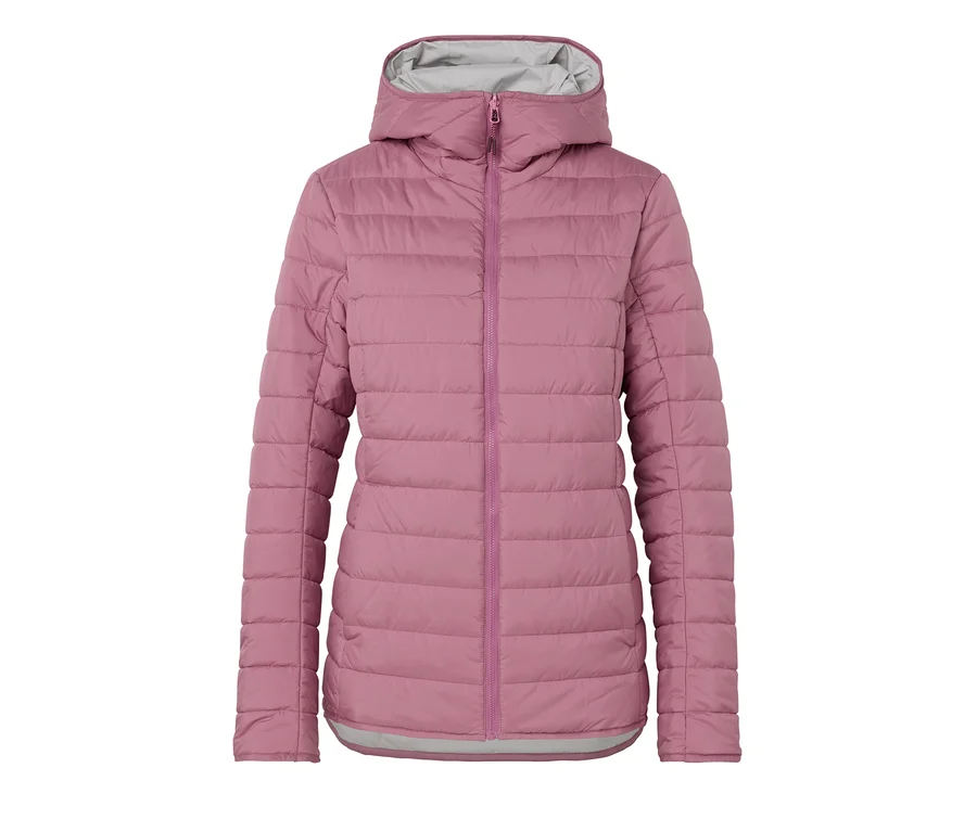 Rosa Steppjacke mit Kapuze und grauem Futter.