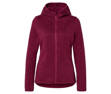Dunkelrote, melierte Kapuzen-Fleecejacke mit durchgehendem Reißverschluss, flach liegend dargestellt.