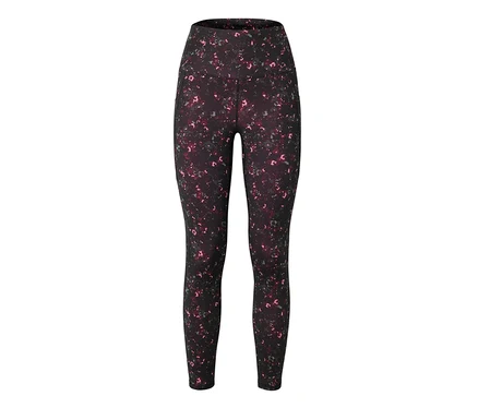 Eine schwarze Leggings mit hohem Bund und einem Muster aus rosa und grauen Flecken ist zu sehen.