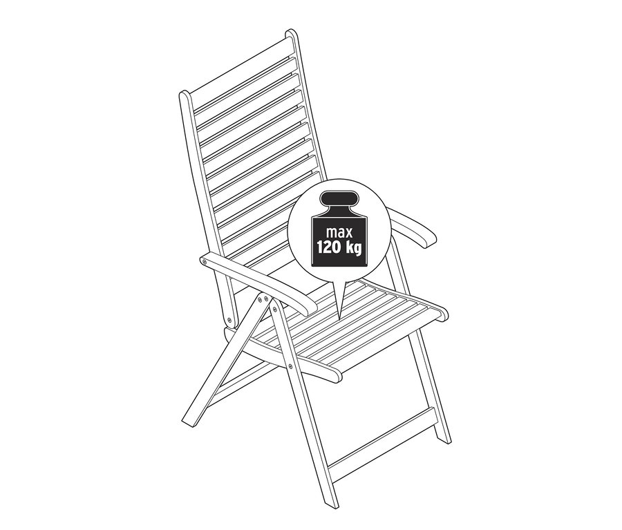 Illustration eines 6-fach verstellbaren" Hochlehner-Teakstuhls" mit dem Hinweis auf eine maximale Belastbarkeit von 120 kg.
