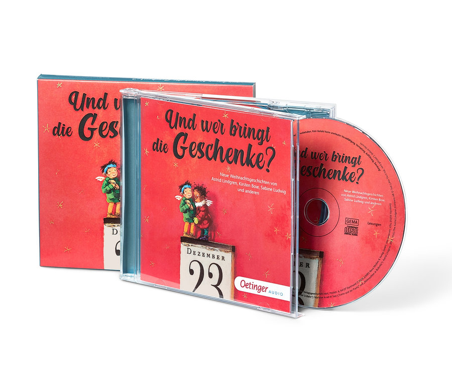 CD »Und wer bringt die Geschenke?« liegt vor einer roten CD-Hülle und einer CD.