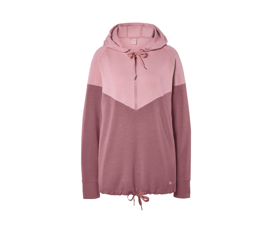 Rosa Sweatpullover mit Kapuze und halbem Reißverschluss.