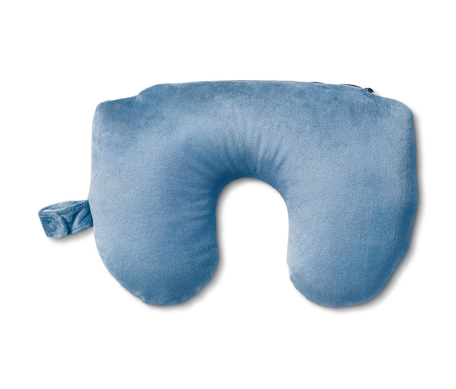 Blaues 2-in-1-Nackenkissen auf weißem Hintergrund.
