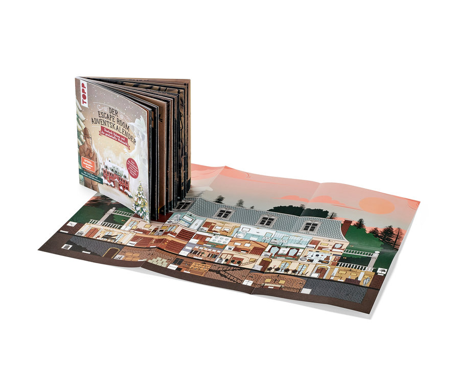 Das geöffnete Escape-Adventskalenderbuch »Sherlock Holmes und die geisterhafte Weihnacht« steht auf einer aufgefalteten Hausillustration.