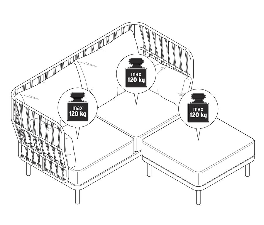 Eine Skizze von einem Loungesofa mit Fußhocker, maximale Belastung 120 kg.
