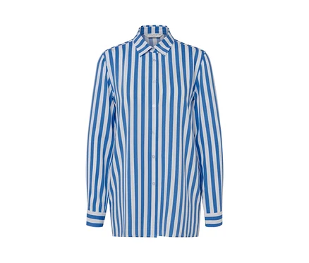 Gestreifte Bluse mit langen Ärmeln, vertikale blaue und weiße Streifen.