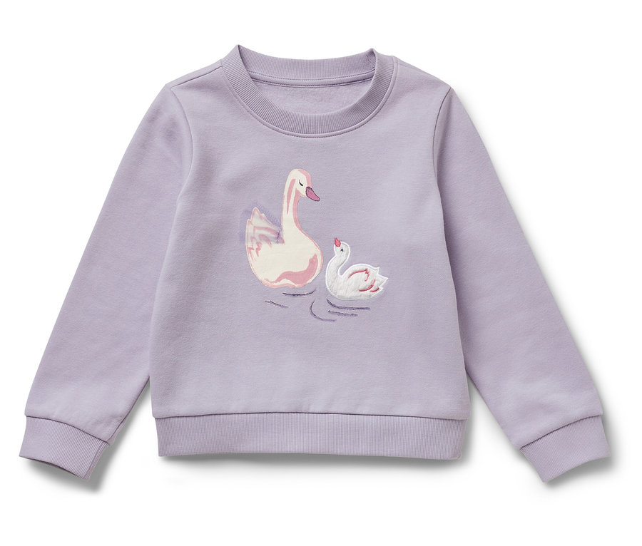 Lila Kinder-Sweatshirt mit angerauter Innenseite und Schwan-Motiv.