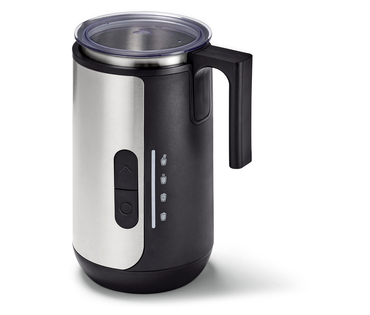 Schwarz-silberner Milchaufschäumer mit transparentem Deckel und schwarzem Griff.