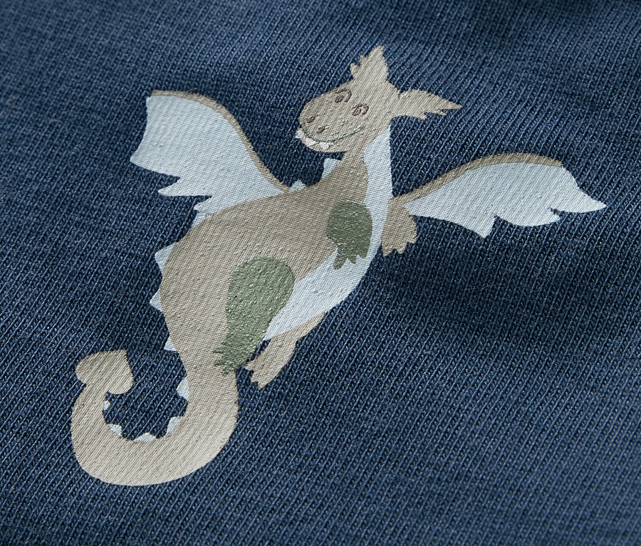 Detailaufnahme eines blauen Baby-Bodys mit Ritter-Motiv.