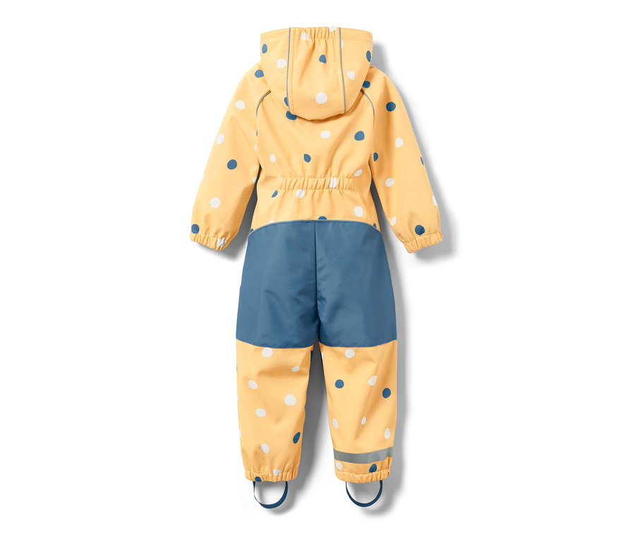 Gelber Kleinkind-Softshell-Einteiler mit Punkte-Alloverprint von hinten.