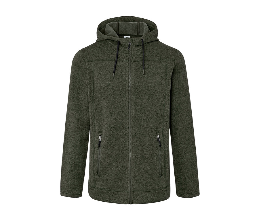 Grüne Strickfleece-Jacke mit Reißverschluss und Kapuze.