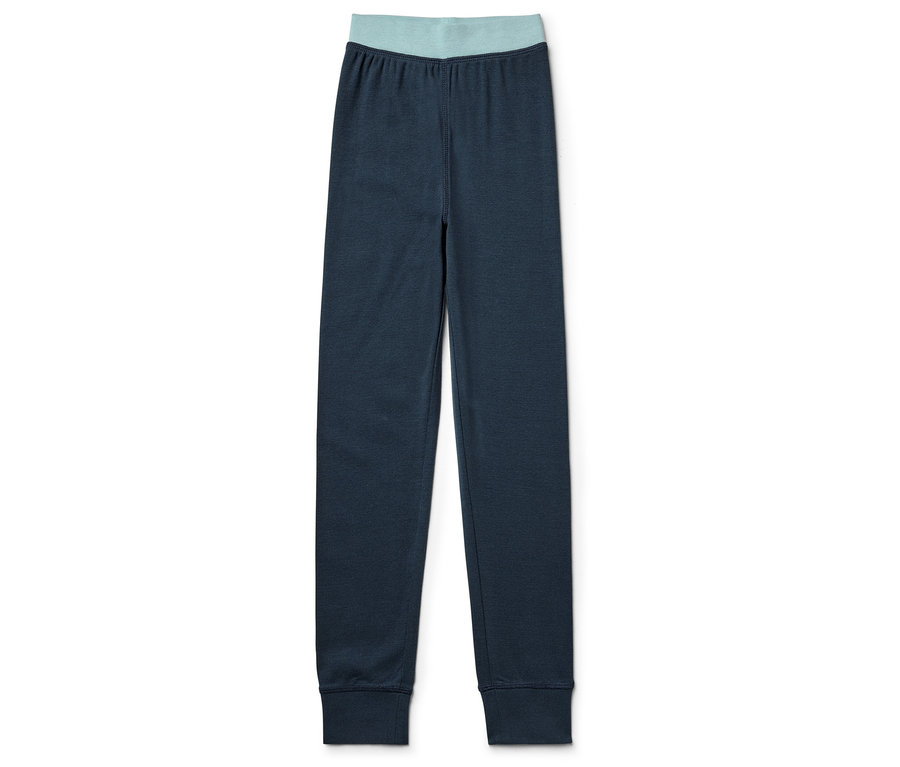 Dunkelblaue Leggings mit türkisfarbenem Bund auf weißem Hintergrund.