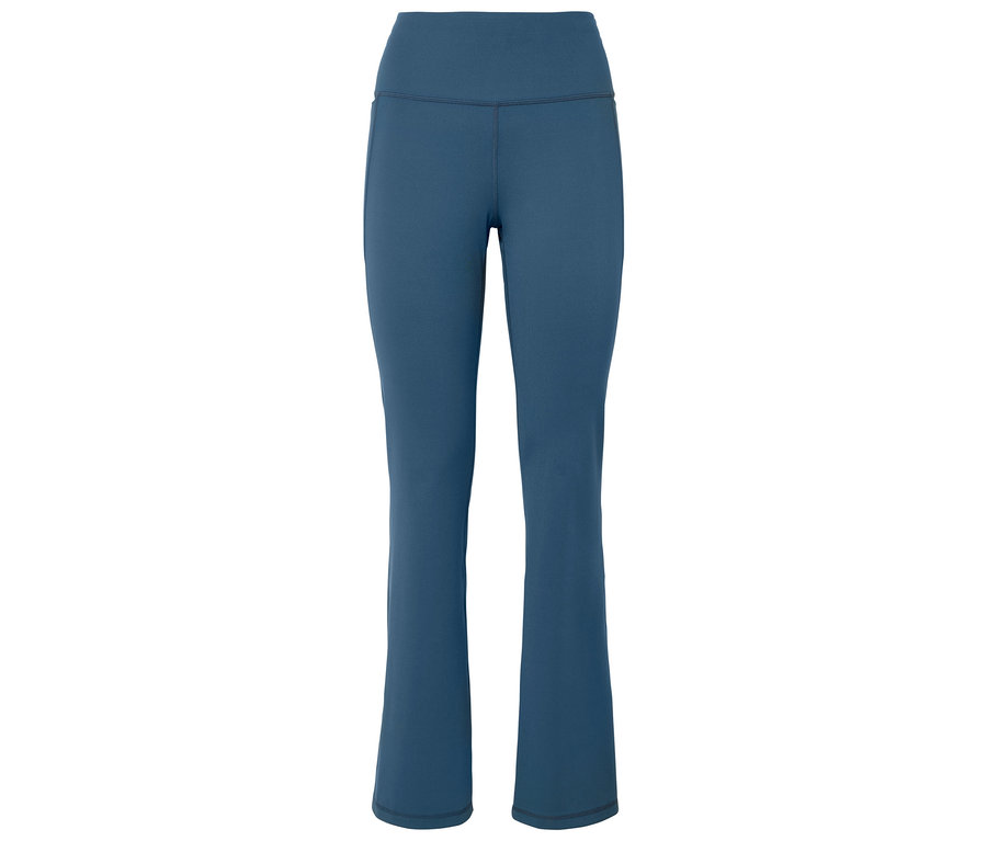 Blaue Bootcut-Leggings mit hohem Bund.