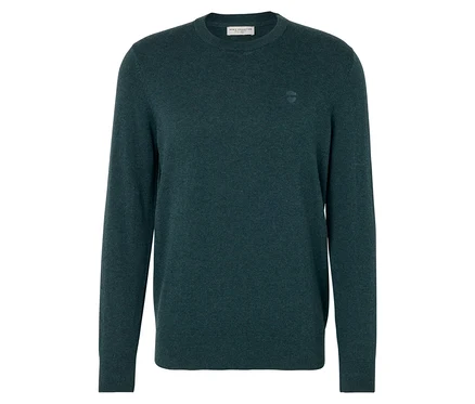 Dunkelgrüner Herrenpullover mit langen Ärmeln.